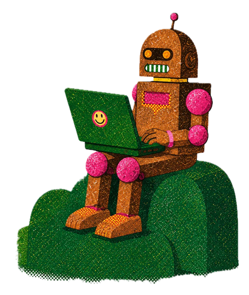 Everwilde One robot working on a laptop